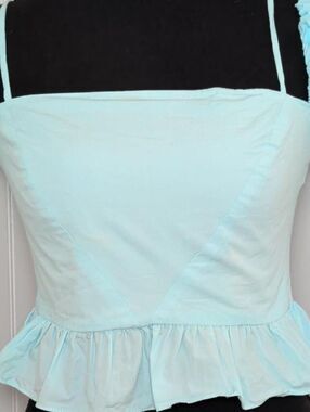 Light Turquoise Poplin Peplum Crop Top - Square Neck Corset Blouse Size S